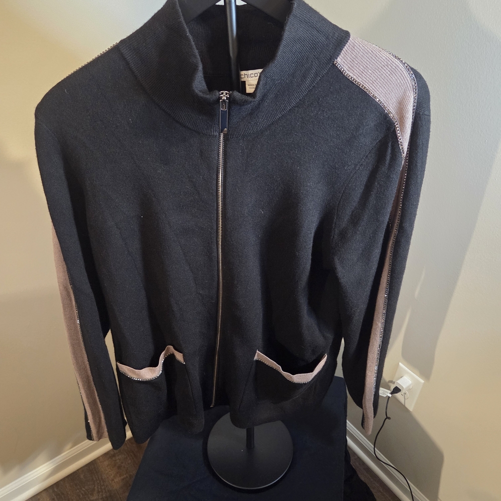 Chico's Black and Pink Zip-Up Cardigan